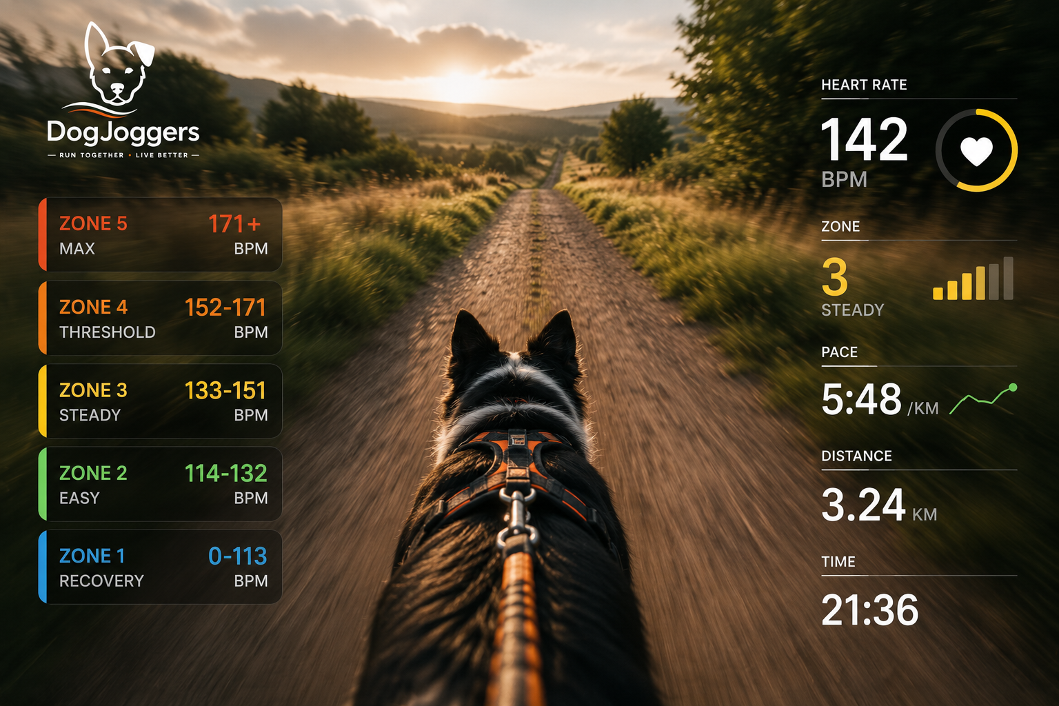 Dog Joggers app showing live heart rate, zone, pace and distance during a canicross run